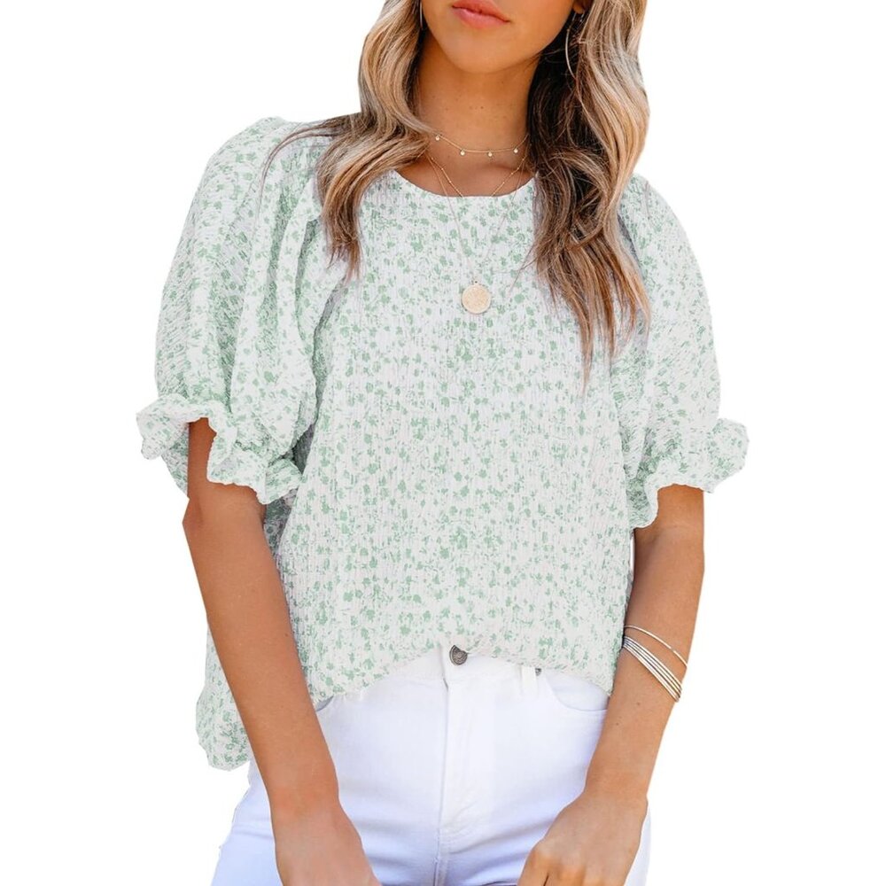 Women Green Print Blouse Crewneck Smocked Puff Sleeve Shirts Casual Babydoll Top
